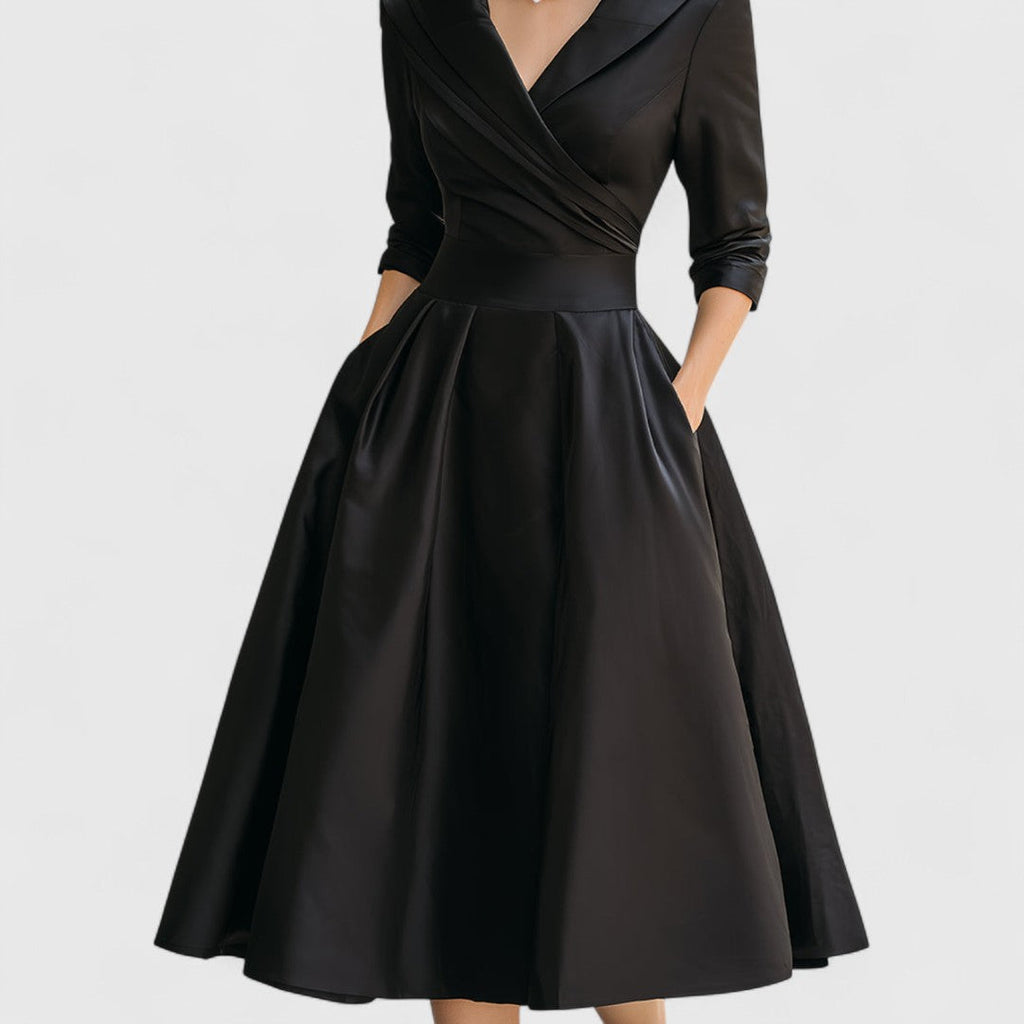Eleanor | Women’s Shawl Collar Satin Pleated Pocket Midi Dress