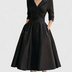 Eleanor | Women’s Shawl Collar Satin Pleated Pocket Midi Dress