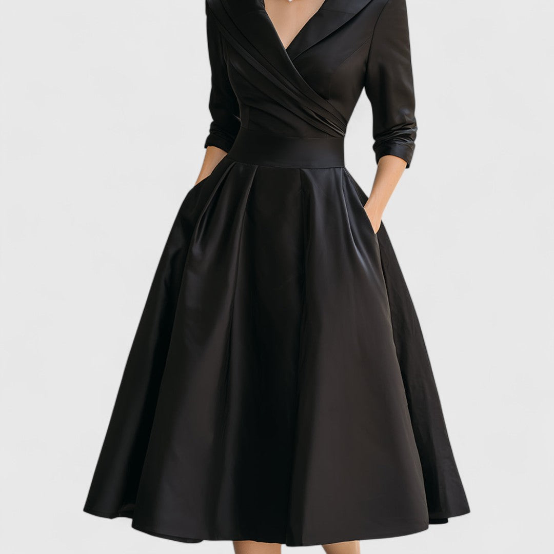 Eleanor | Women’s Shawl Collar Satin Pleated Pocket Midi Dress