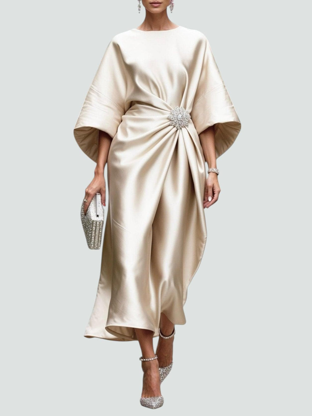 Genevieve | Women’s Brooch Accent Satin Draped Kimono Midi Dress
