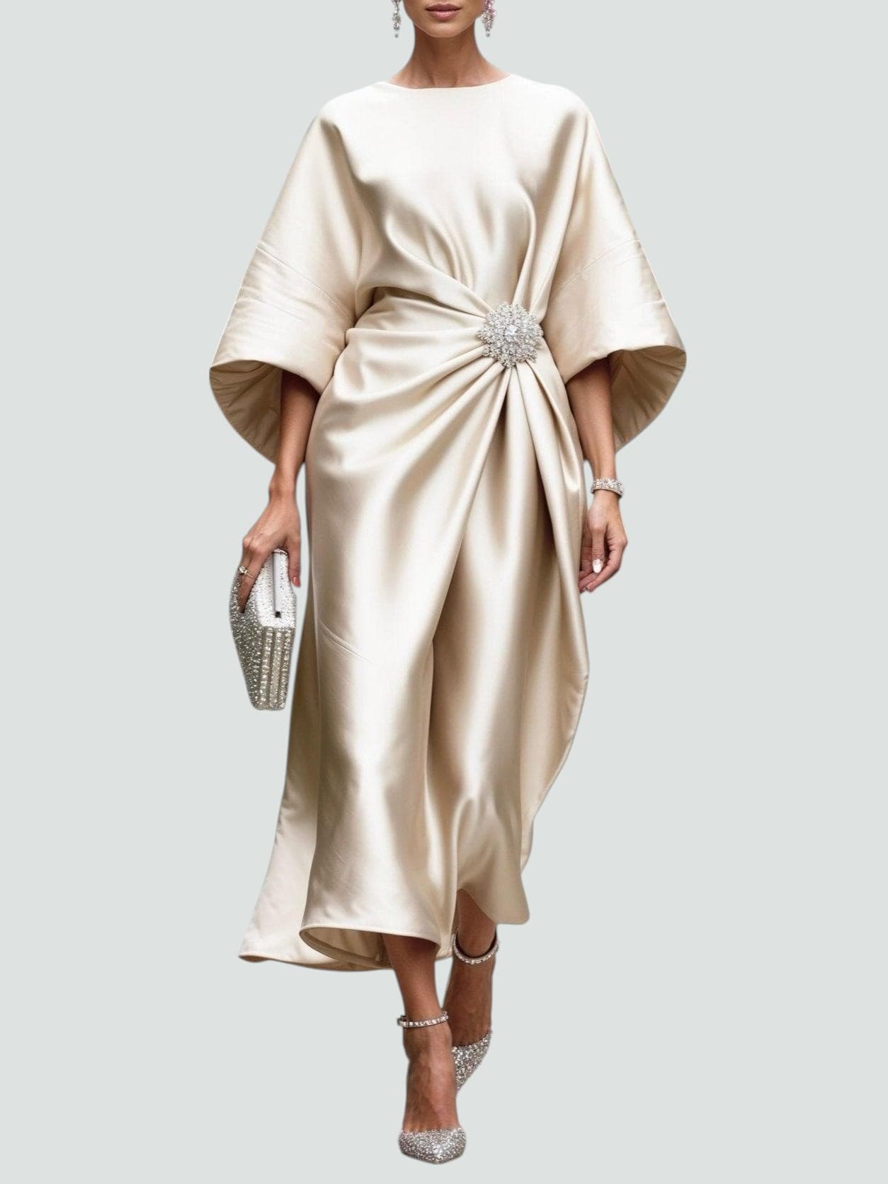 Genevieve | Women’s Brooch Accent Satin Draped Kimono Midi Dress