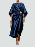 Genevieve | Women’s Brooch Accent Satin Draped Kimono Midi Dress