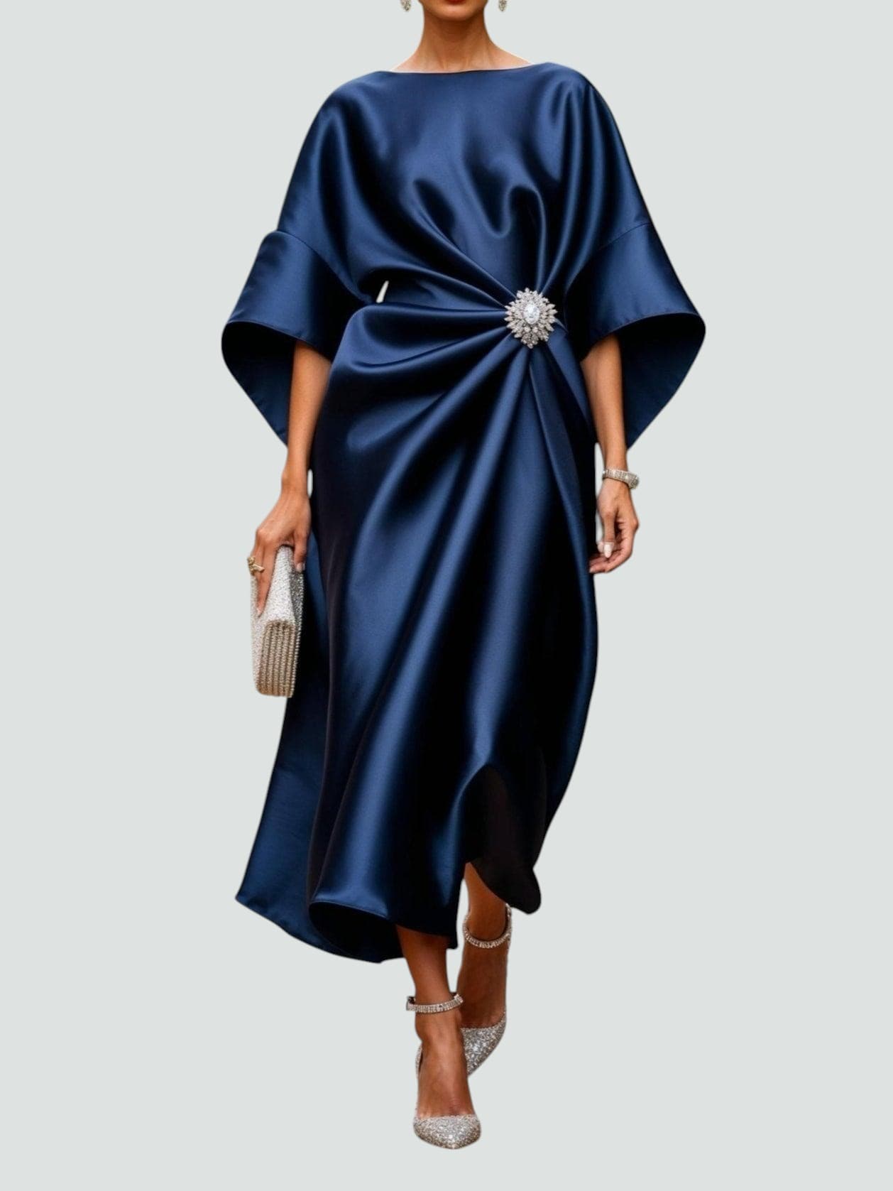 Genevieve | Women’s Brooch Accent Satin Draped Kimono Midi Dress