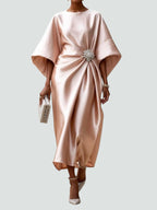 Genevieve | Women’s Brooch Accent Satin Draped Kimono Midi Dress