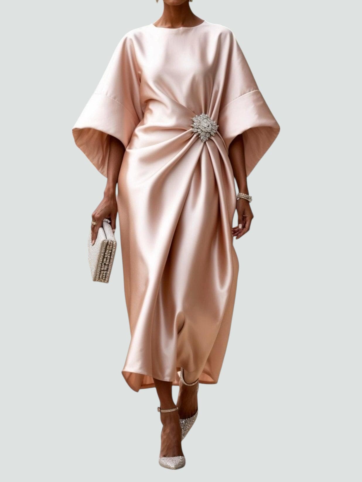 Genevieve | Women’s Brooch Accent Satin Draped Kimono Midi Dress