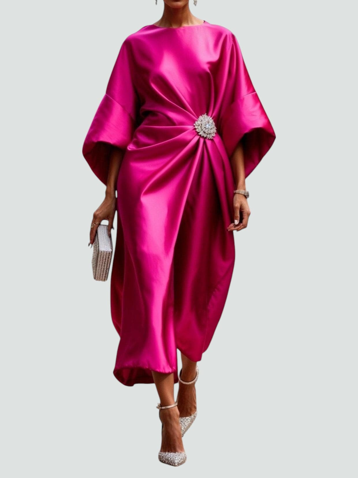 Genevieve | Women’s Brooch Accent Satin Draped Kimono Midi Dress