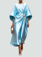 Genevieve | Women’s Brooch Accent Satin Draped Kimono Midi Dress