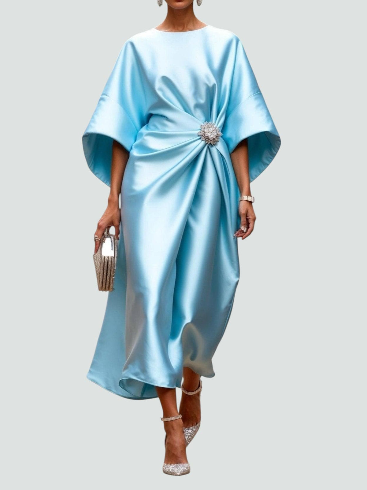 Genevieve | Women’s Brooch Accent Satin Draped Kimono Midi Dress