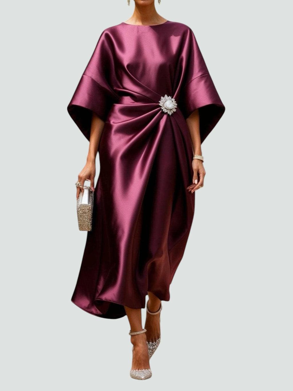 Genevieve | Women’s Brooch Accent Satin Draped Kimono Midi Dress