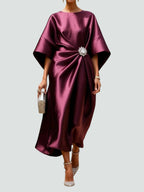 Genevieve | Women’s Brooch Accent Satin Draped Kimono Midi Dress