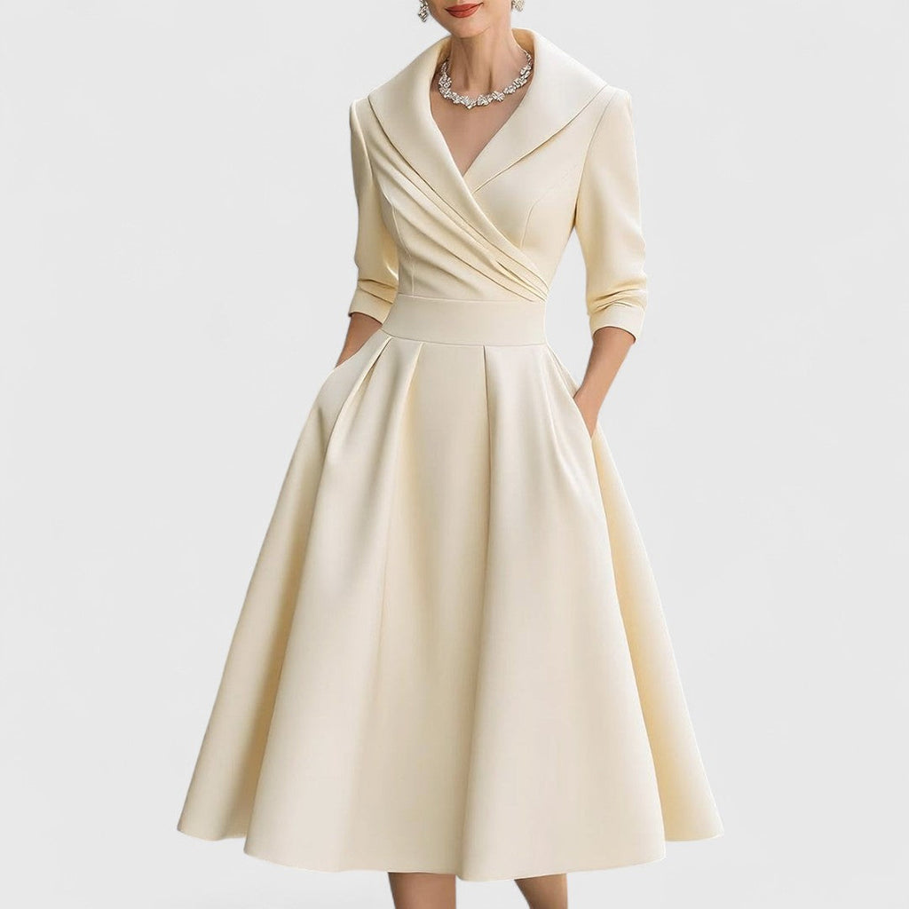 Eleanor | Women’s Shawl Collar Satin Pleated Pocket Midi Dress
