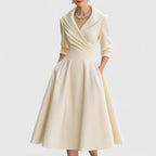 Eleanor | Women’s Shawl Collar Satin Pleated Pocket Midi Dress