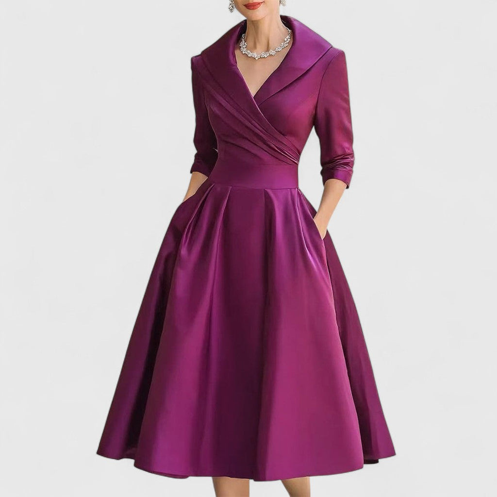 Eleanor | Women’s Shawl Collar Satin Pleated Pocket Midi Dress