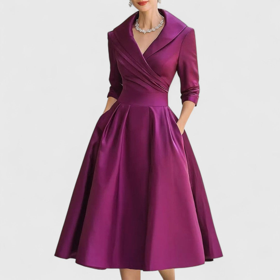 Eleanor | Women’s Shawl Collar Satin Pleated Pocket Midi Dress