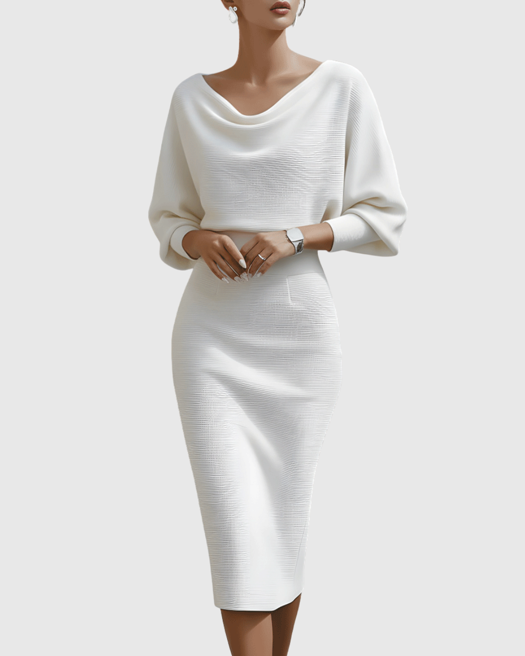 Vivienne | Women’s Cowl Neck Dolman Sleeve Knit Sheath Midi Dress