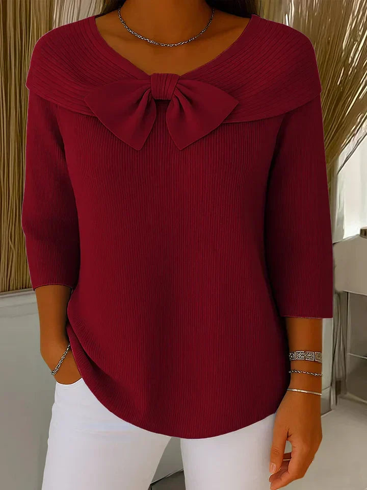 Clara | Women’s Bow Front Portrait Collar 3/4 Sleeve Knit Blouse