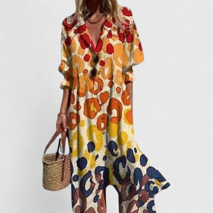 Isla | Women’s Leaf Print Pintuck Button-Front Maxi Shirt Dress