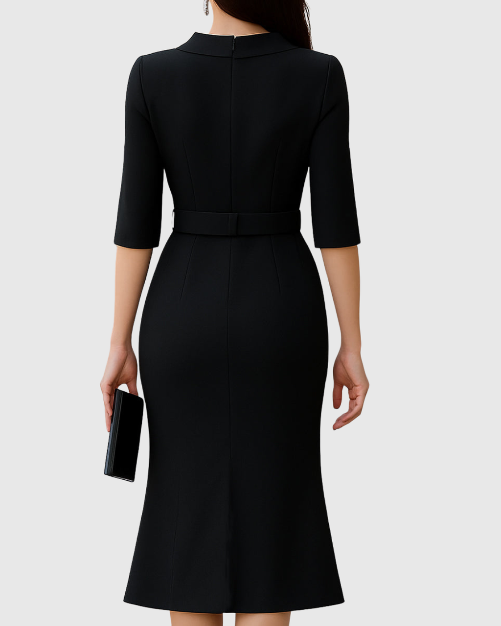Colette | Women’s Belted Split-Cuff Funnel Neck Sheath Midi Dress