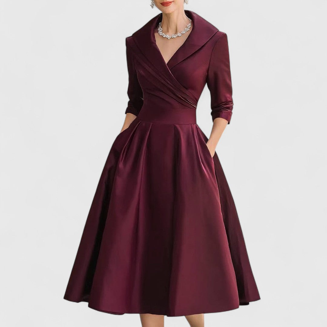 Eleanor | Women’s Shawl Collar Satin Pleated Pocket Midi Dress