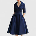 Eleanor | Women’s Shawl Collar Satin Pleated Pocket Midi Dress