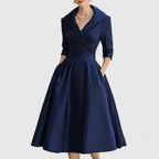 Eleanor | Women’s Shawl Collar Satin Pleated Pocket Midi Dress