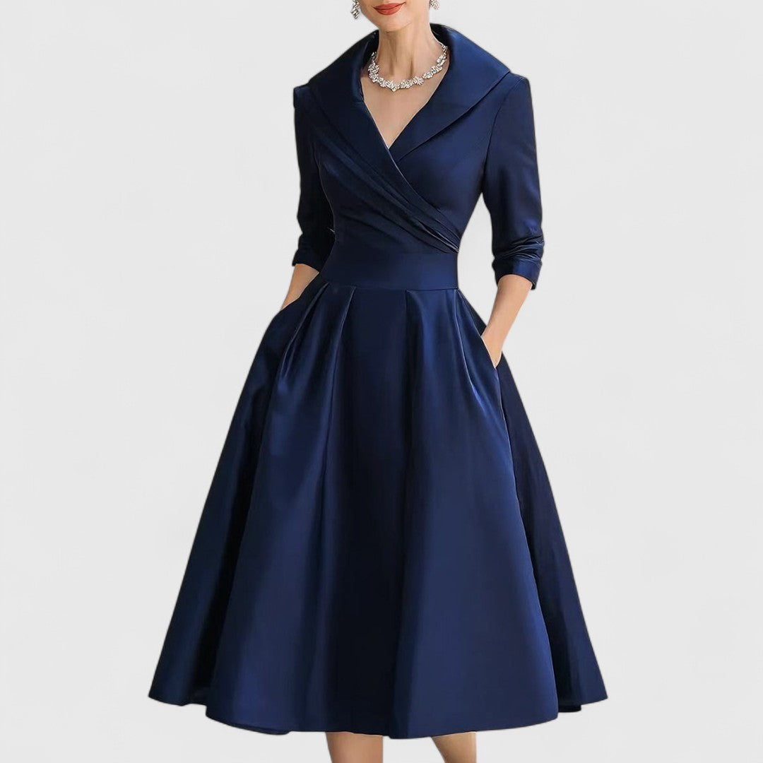 Eleanor | Women’s Shawl Collar Satin Pleated Pocket Midi Dress