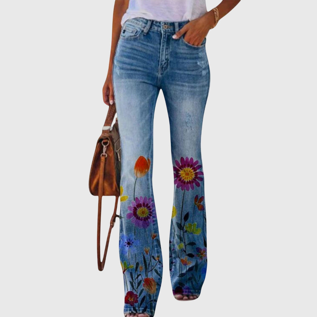Daisy | Women’s Floral Print High-Rise Bell Bottom Flare Jeans