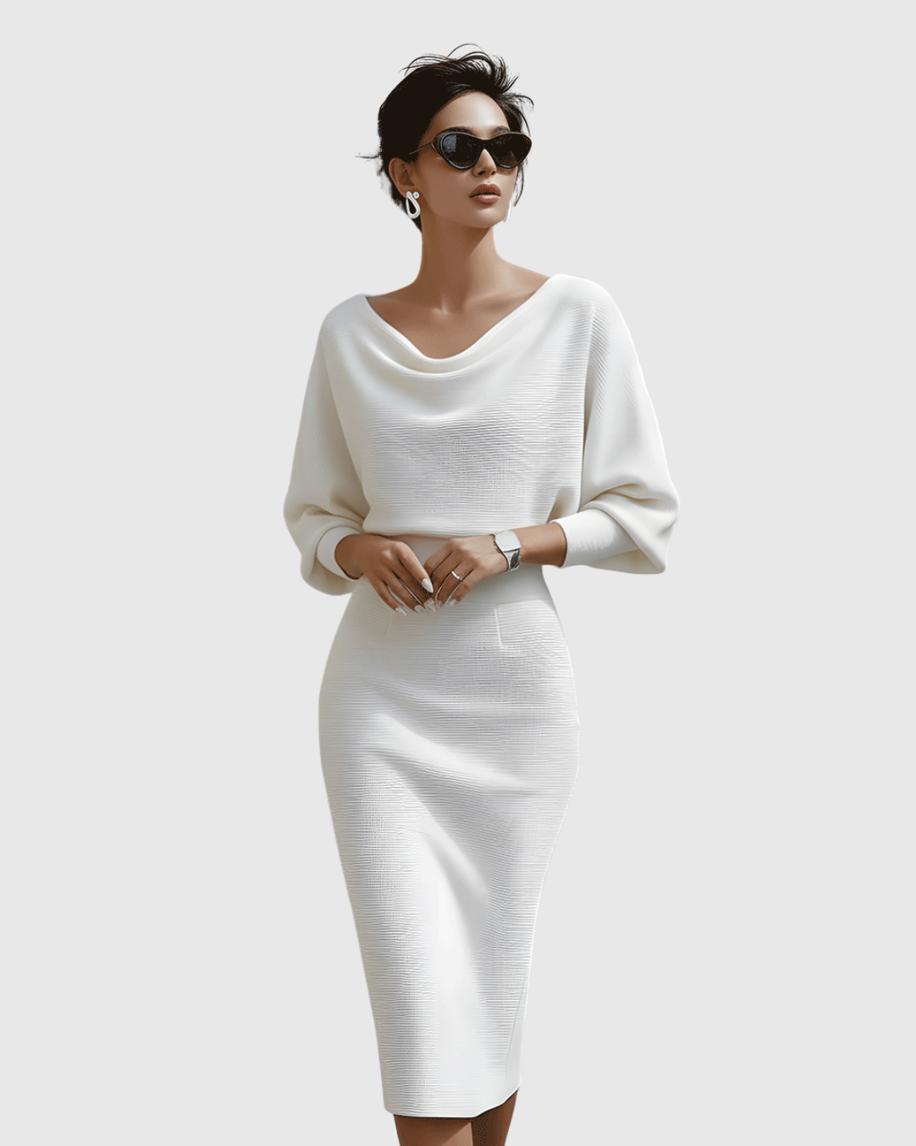 Vivienne | Women’s Cowl Neck Dolman Sleeve Knit Sheath Midi Dress