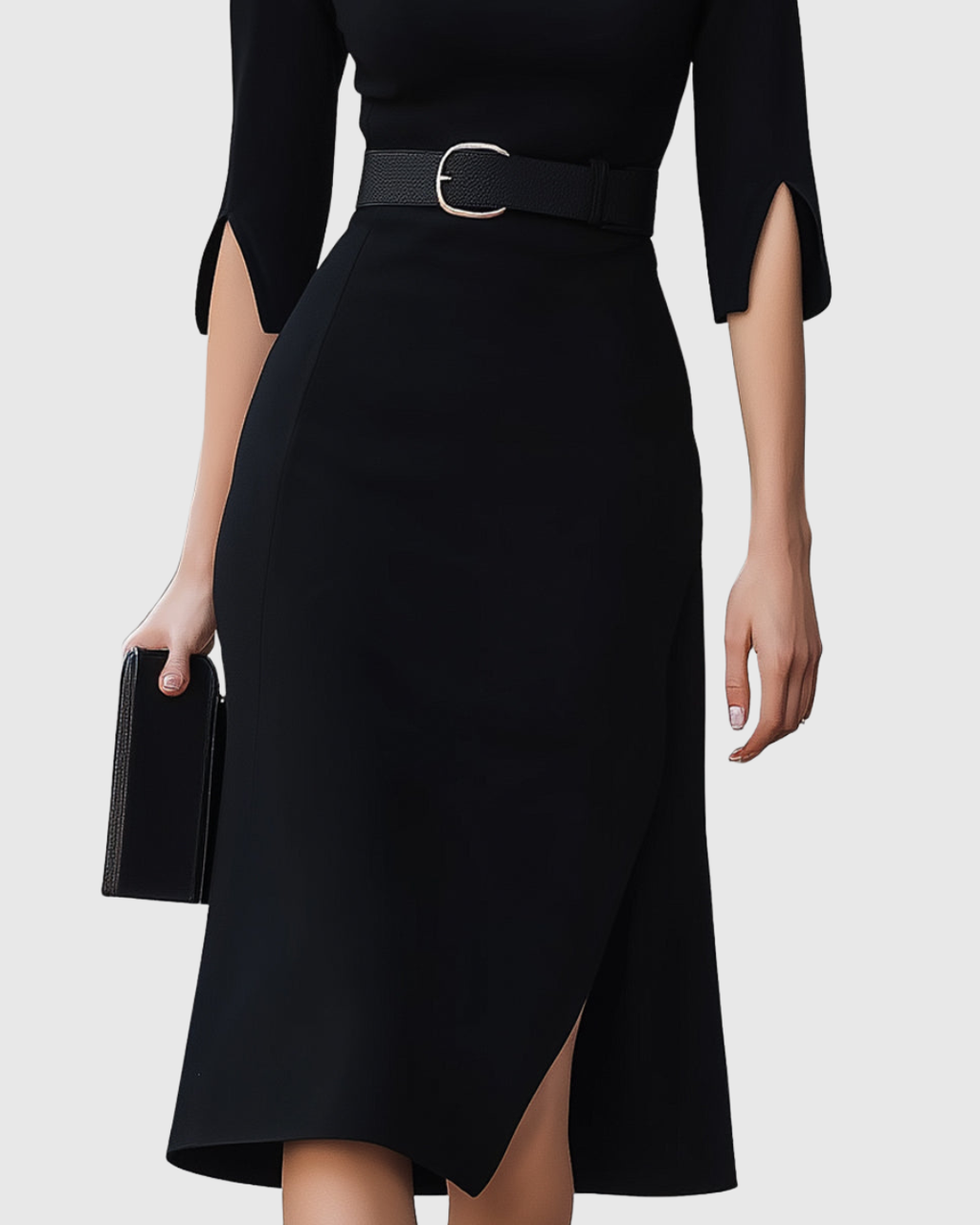 Colette | Women’s Belted Split-Cuff Funnel Neck Sheath Midi Dress