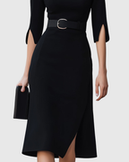 Colette | Women’s Belted Split-Cuff Funnel Neck Sheath Midi Dress