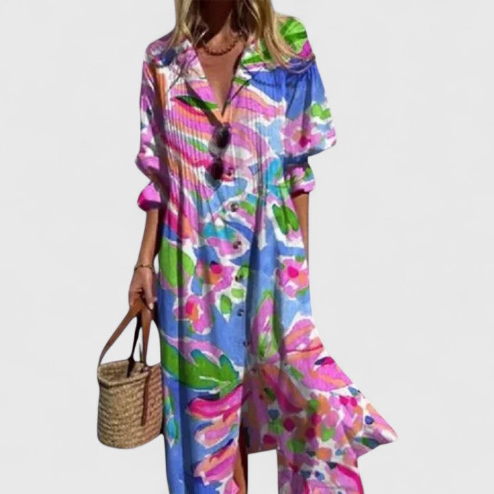 Isla | Women’s Leaf Print Pintuck Button-Front Maxi Shirt Dress