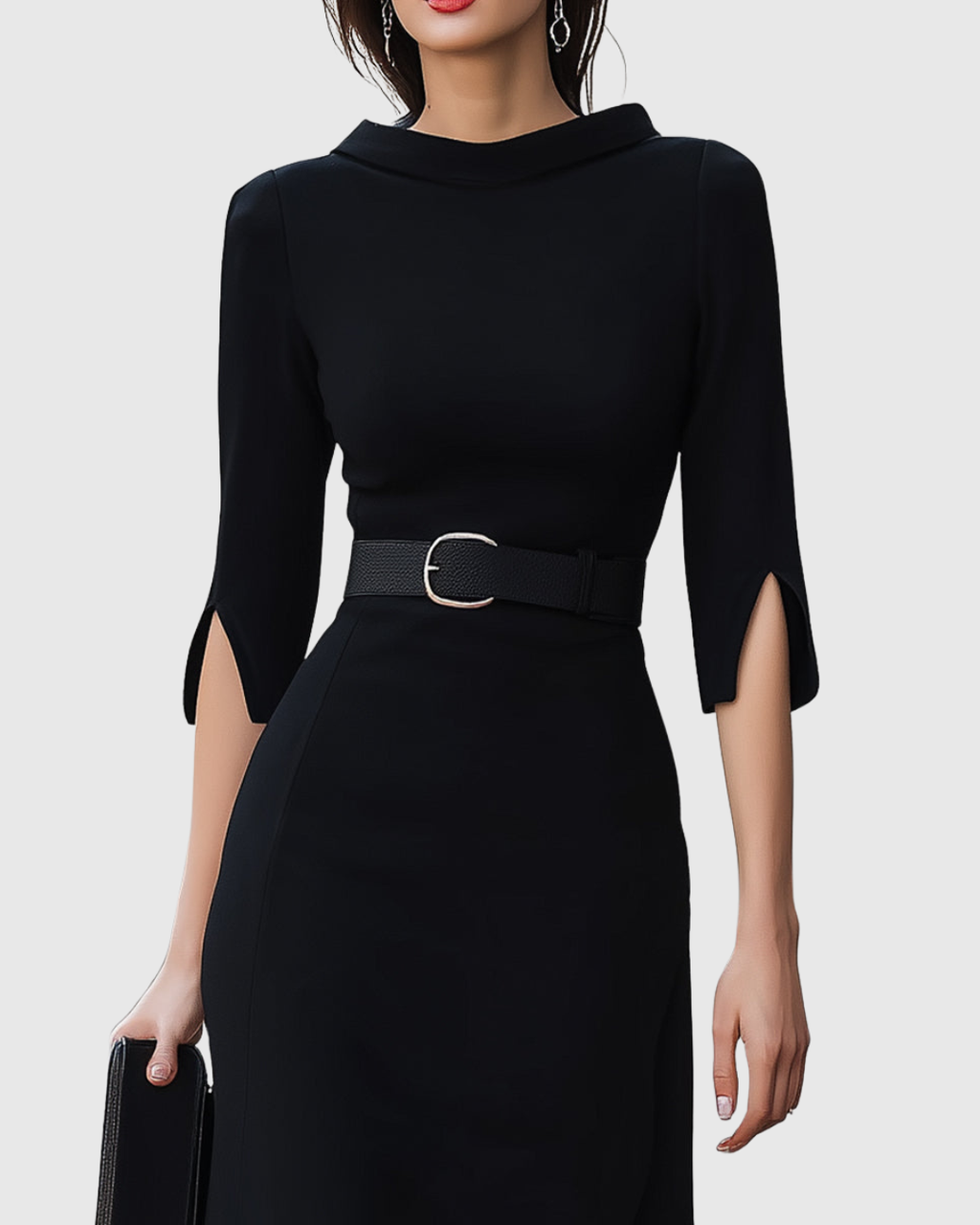 Colette | Women’s Belted Split-Cuff Funnel Neck Sheath Midi Dress