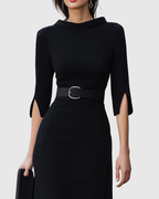 Colette | Women’s Belted Split-Cuff Funnel Neck Sheath Midi Dress