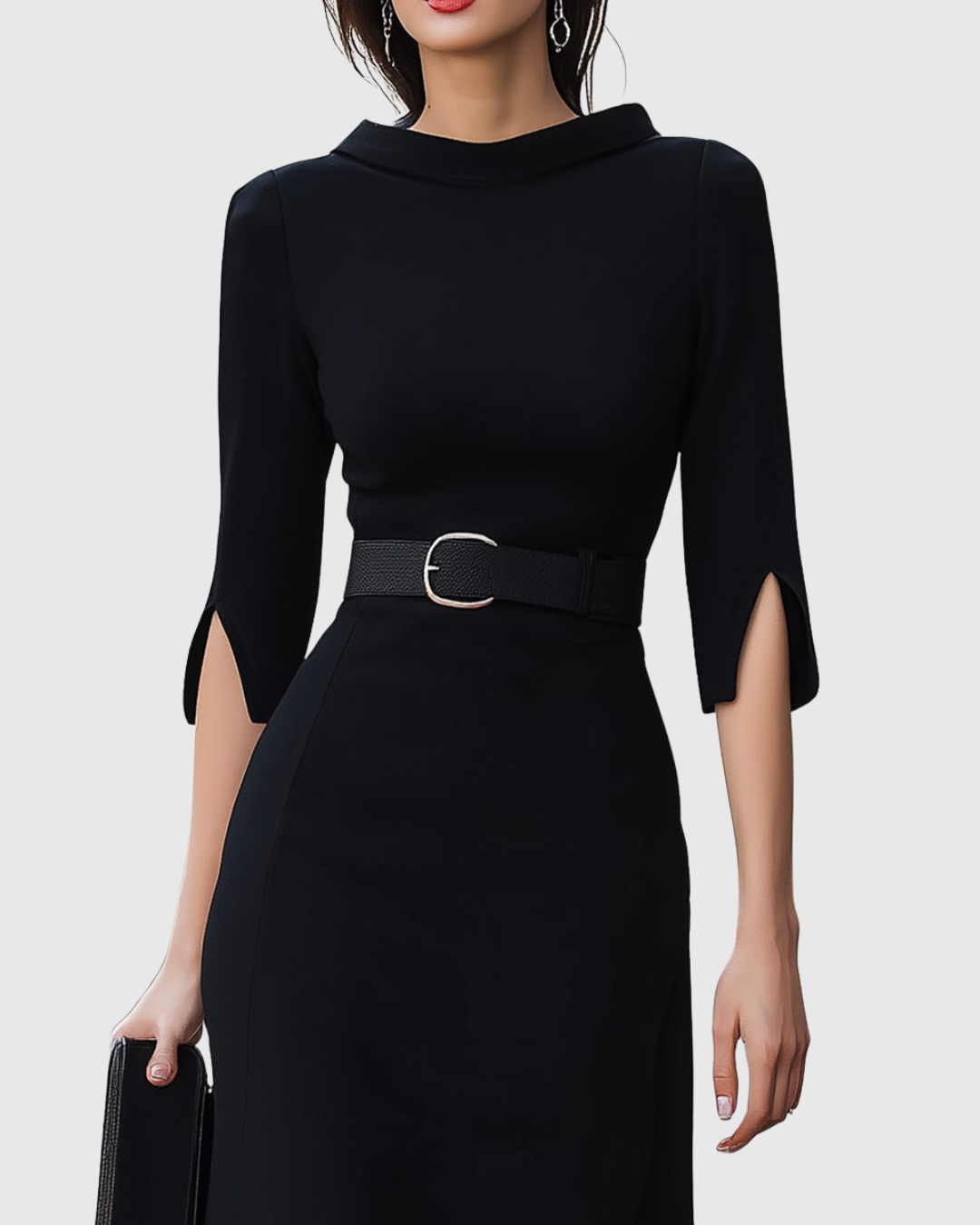 Colette | Women’s Belted Split-Cuff Funnel Neck Sheath Midi Dress