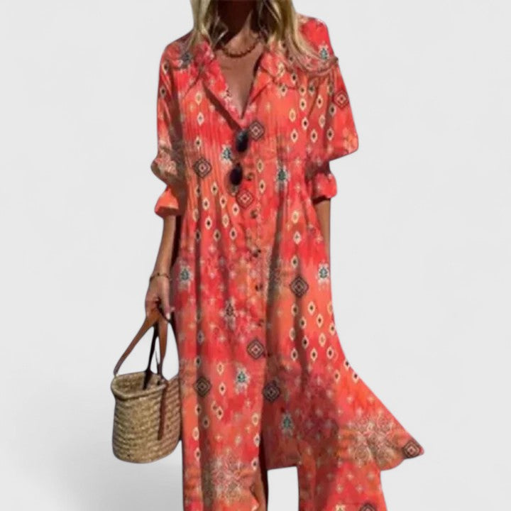 Isla | Women’s Leaf Print Pintuck Button-Front Maxi Shirt Dress