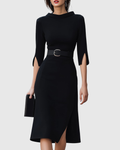 Colette | Women’s Belted Split-Cuff Funnel Neck Sheath Midi Dress