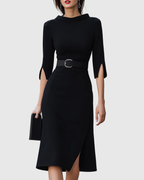 Colette | Women’s Belted Split-Cuff Funnel Neck Sheath Midi Dress