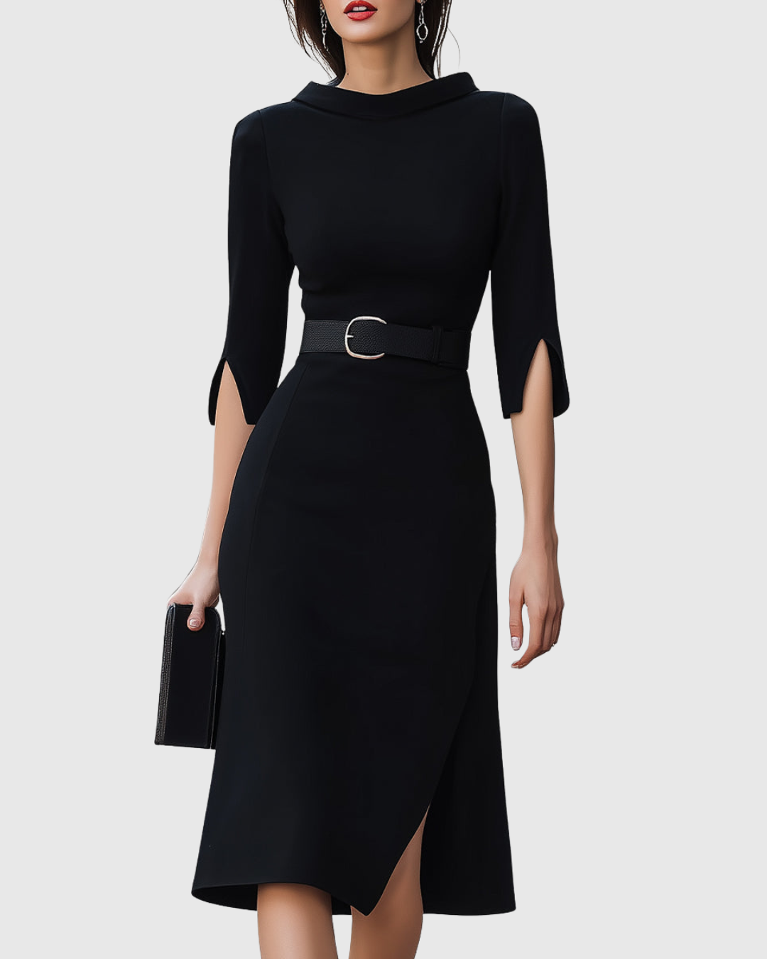 Colette | Women’s Belted Split-Cuff Funnel Neck Sheath Midi Dress