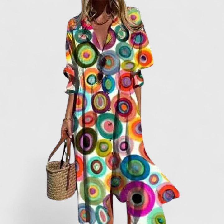 Isla | Women’s Leaf Print Pintuck Button-Front Maxi Shirt Dress