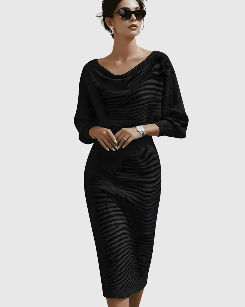 Vivienne | Women’s Cowl Neck Dolman Sleeve Knit Sheath Midi Dress