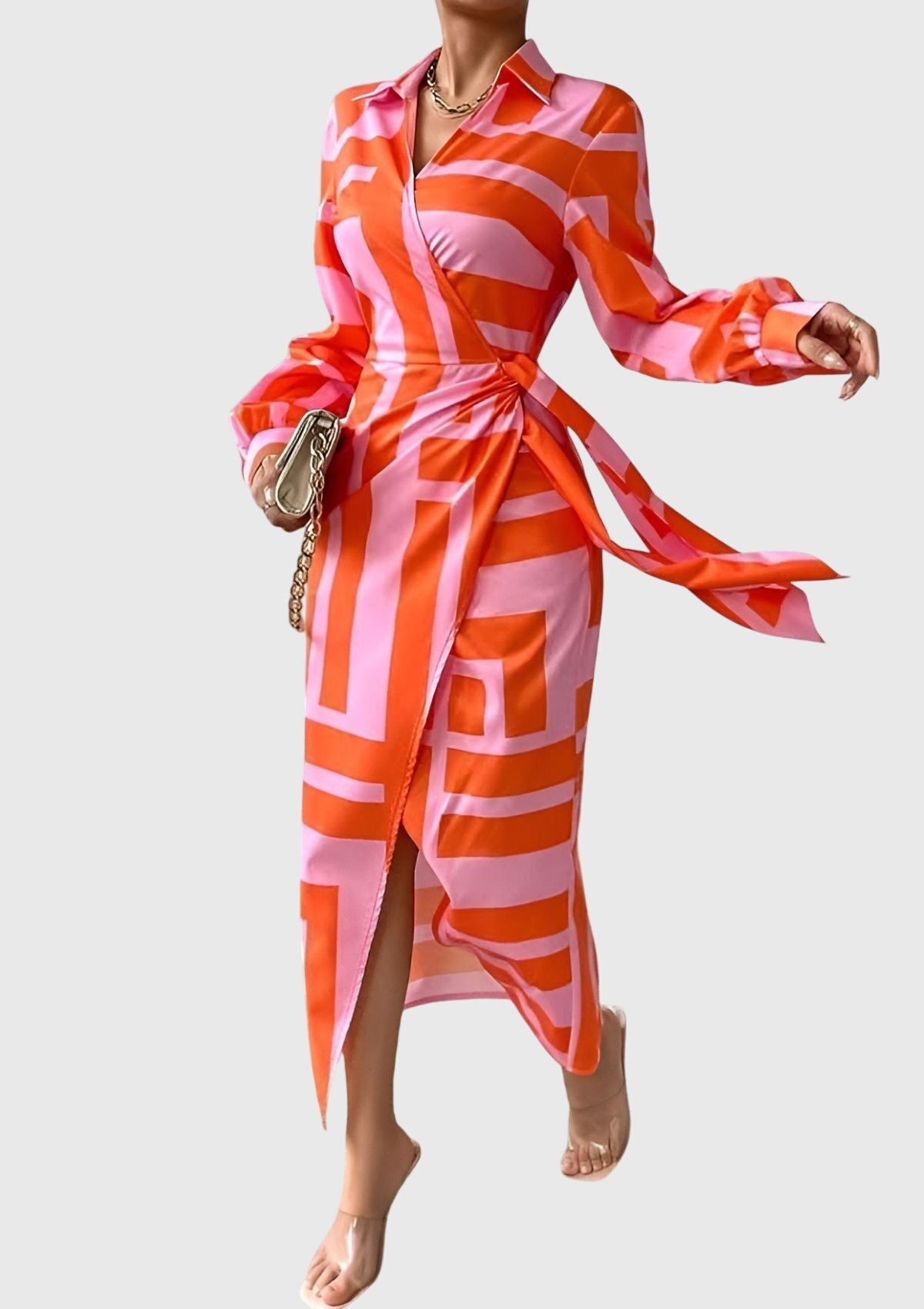Seraphina | Women’s Geometric Print Collared Tie-Wrap Midi Dress