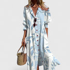 Isla | Women’s Leaf Print Pintuck Button-Front Maxi Shirt Dress