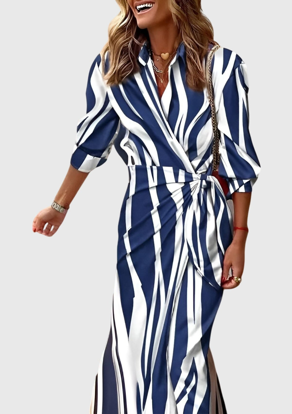 Seraphina | Women’s Geometric Print Collared Tie-Wrap Midi Dress