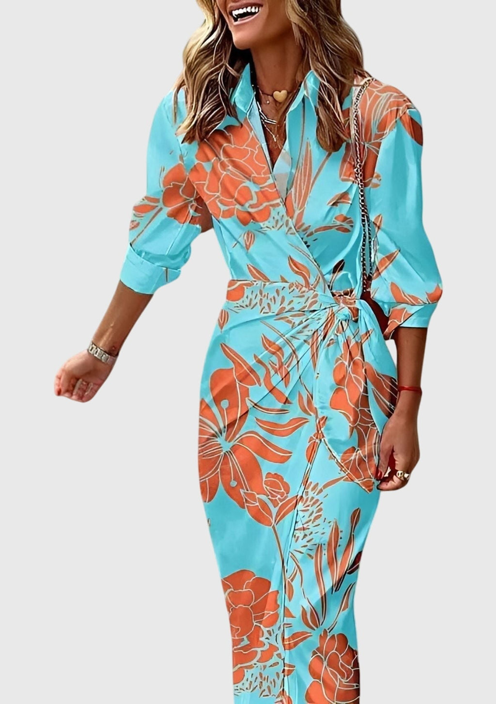 Seraphina | Women’s Geometric Print Collared Tie-Wrap Midi Dress
