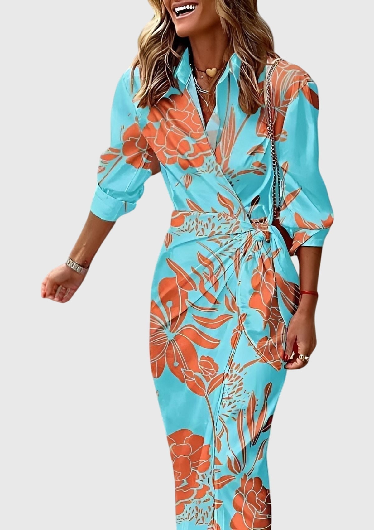 Seraphina | Women’s Geometric Print Collared Tie-Wrap Midi Dress