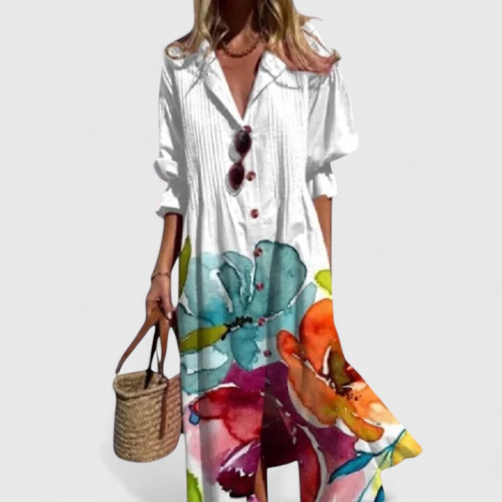 Isla | Women’s Leaf Print Pintuck Button-Front Maxi Shirt Dress