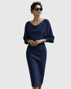 Vivienne | Women’s Cowl Neck Dolman Sleeve Knit Sheath Midi Dress