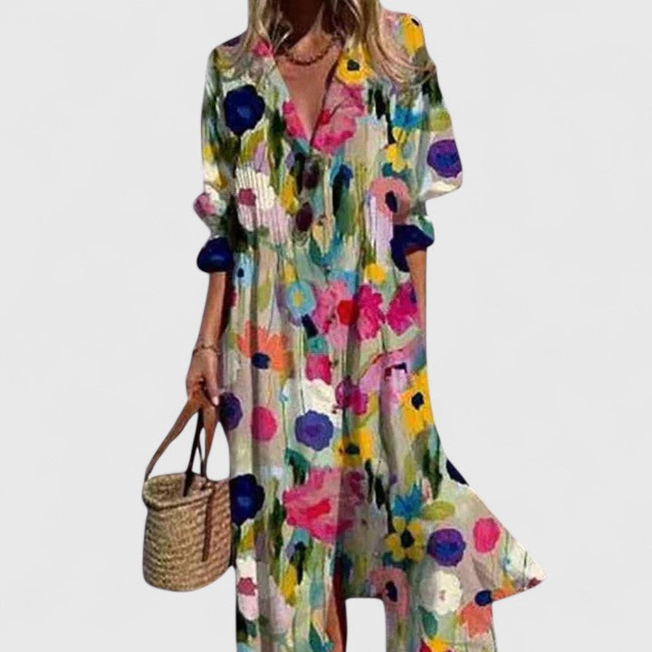 Isla | Women’s Leaf Print Pintuck Button-Front Maxi Shirt Dress