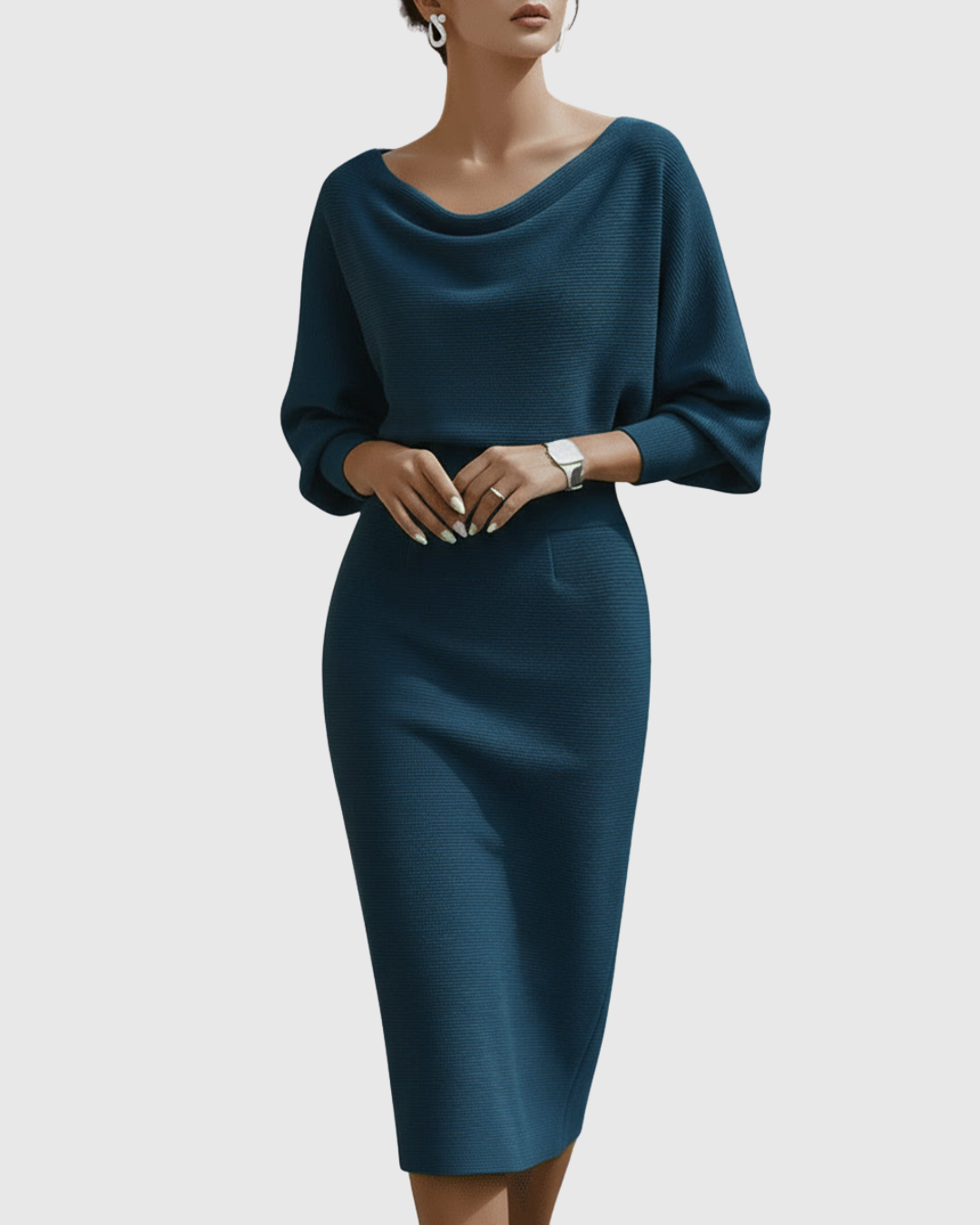 Vivienne | Women’s Cowl Neck Dolman Sleeve Knit Sheath Midi Dress