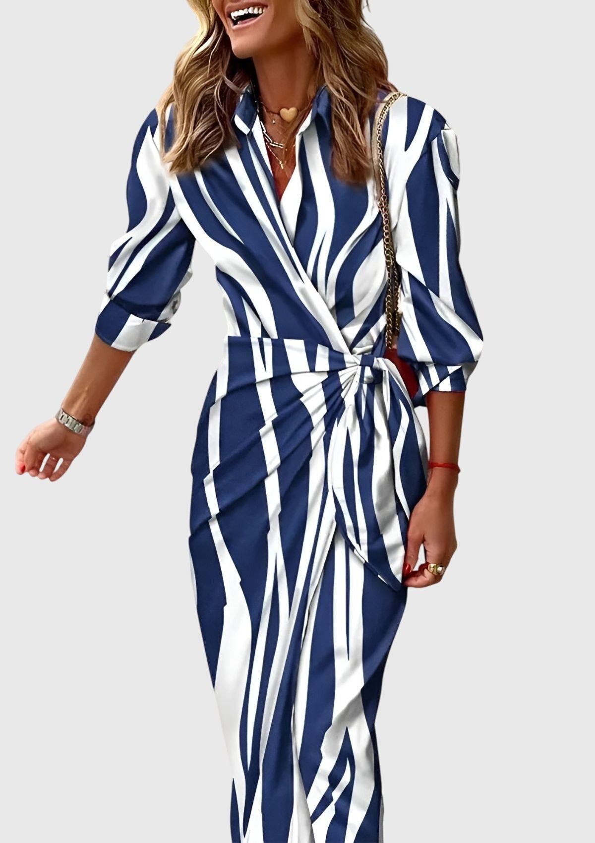 Seraphina | Women’s Geometric Print Collared Tie-Wrap Midi Dress